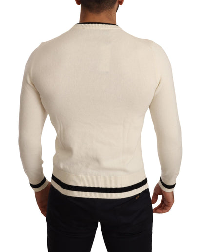 Elegant Snow-White Heraldic Cashmere Sweater