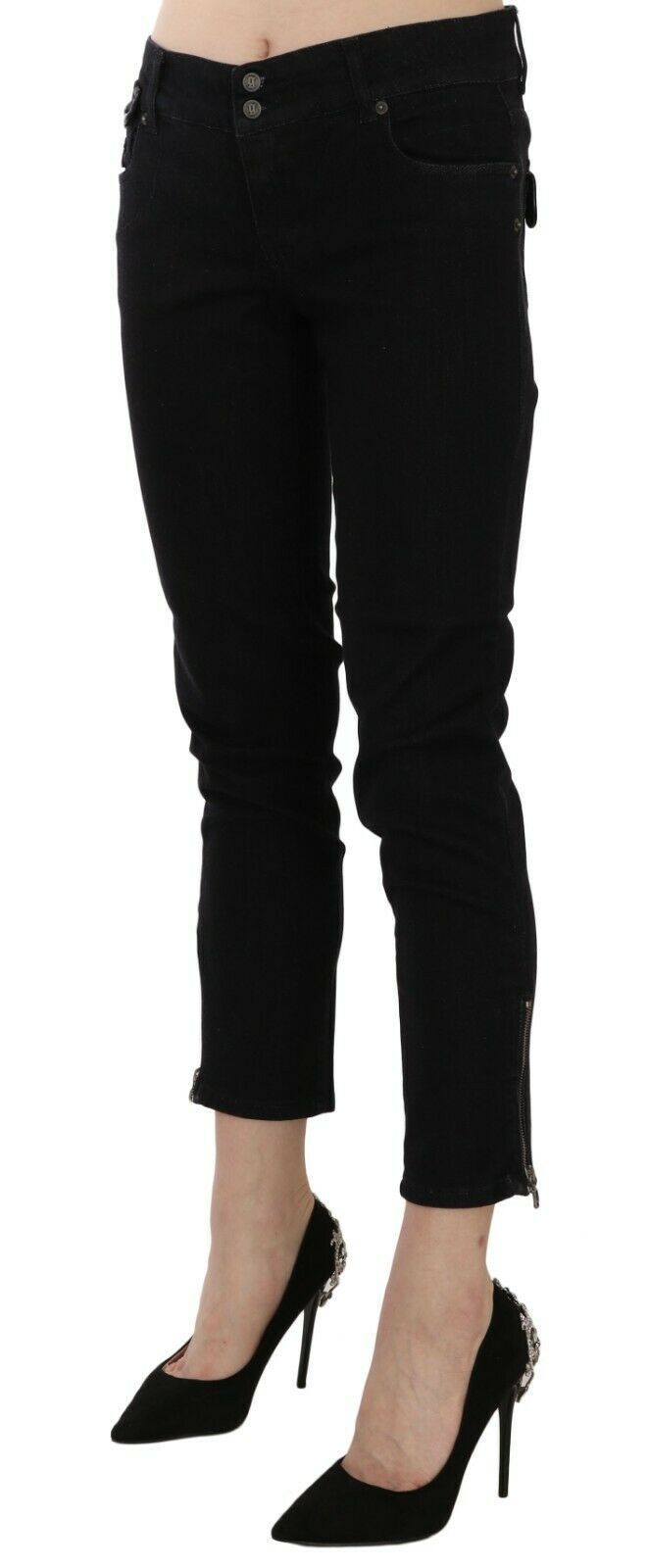 Chic Black Mid Waist Slim Cropped Jeans