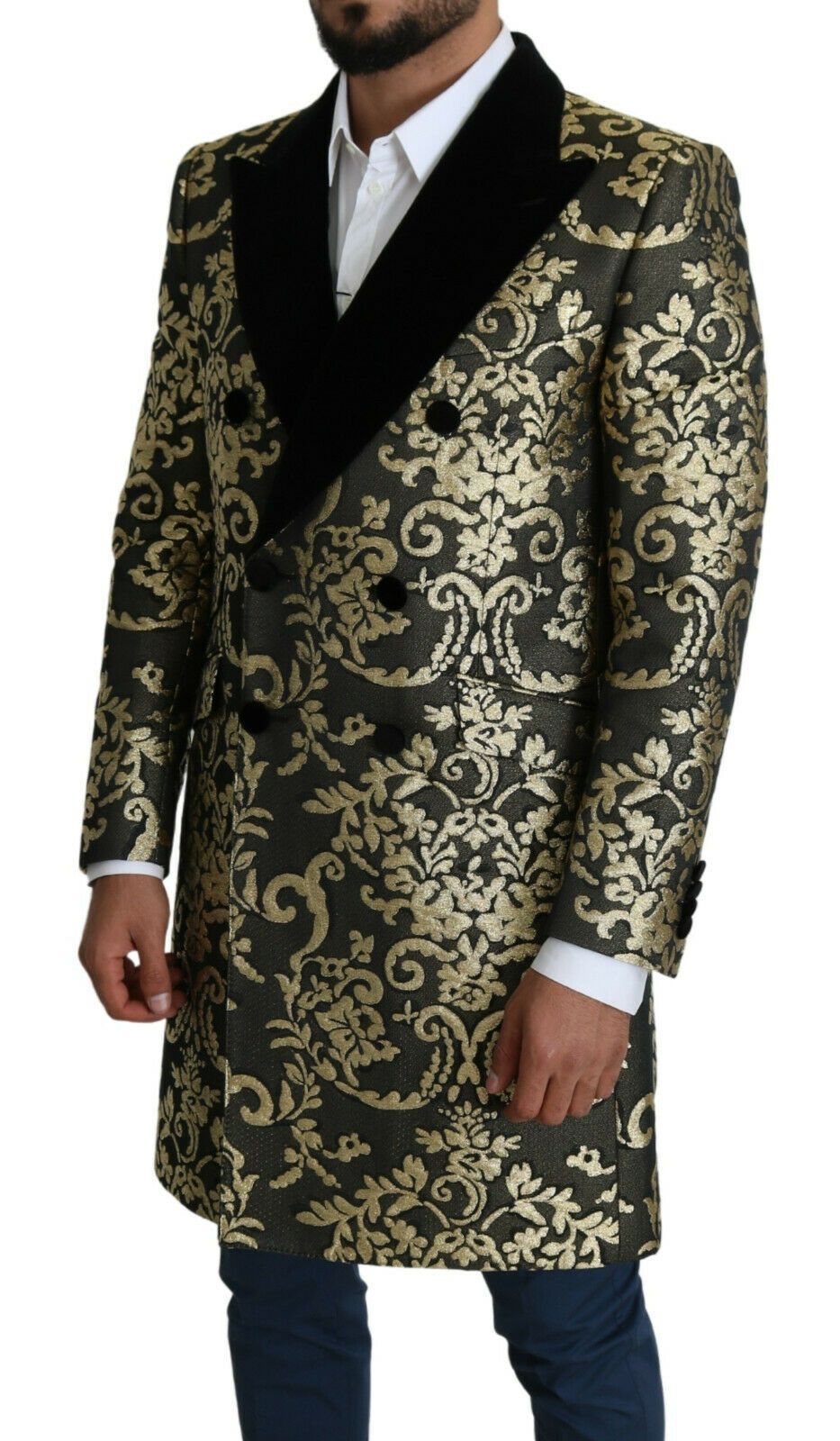 Gold Black Sicilia Jacquard Double-Breasted Coat