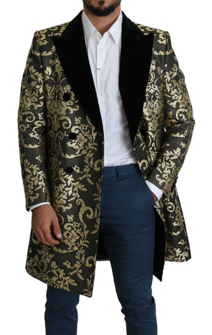 Gold Black Sicilia Jacquard Double-Breasted Coat