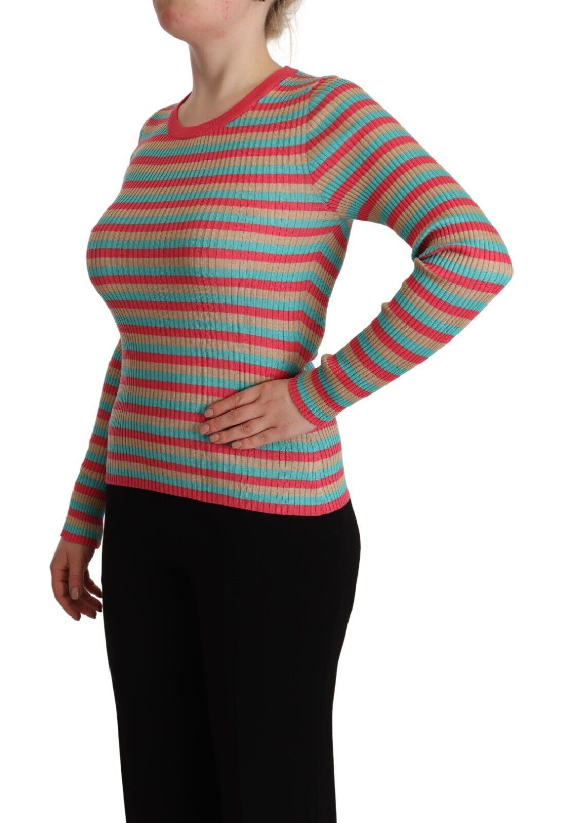 Elegant Striped Silk Crew Neck Pullover