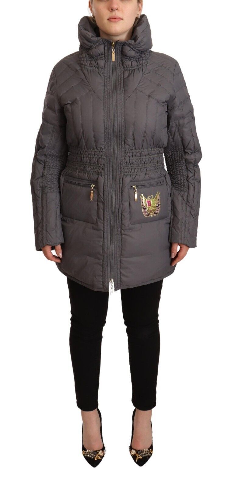 Elegant Quilted Long Jacket with Logo Patch