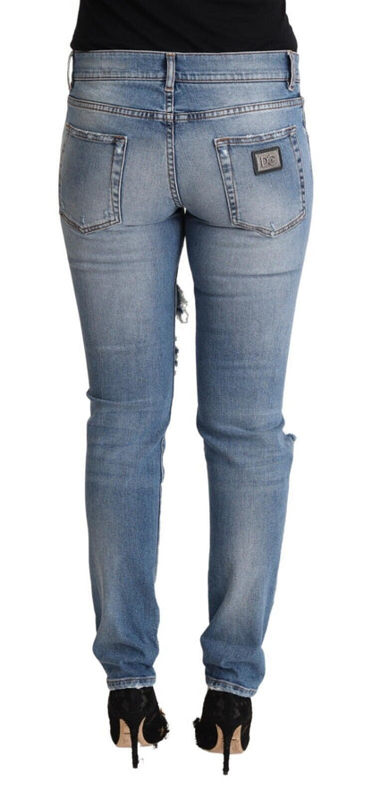 Blue Distressed Cotton Denim Skinny Jeans