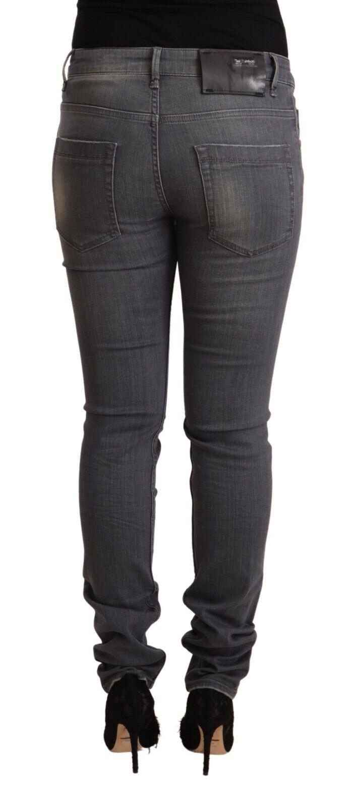 Elegant Dark Gray Skinny Jeans - Low Waist Zip Closure