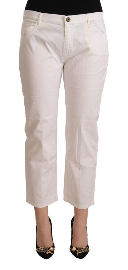 White Cotton Mid Waist Cropped Denim Jeans