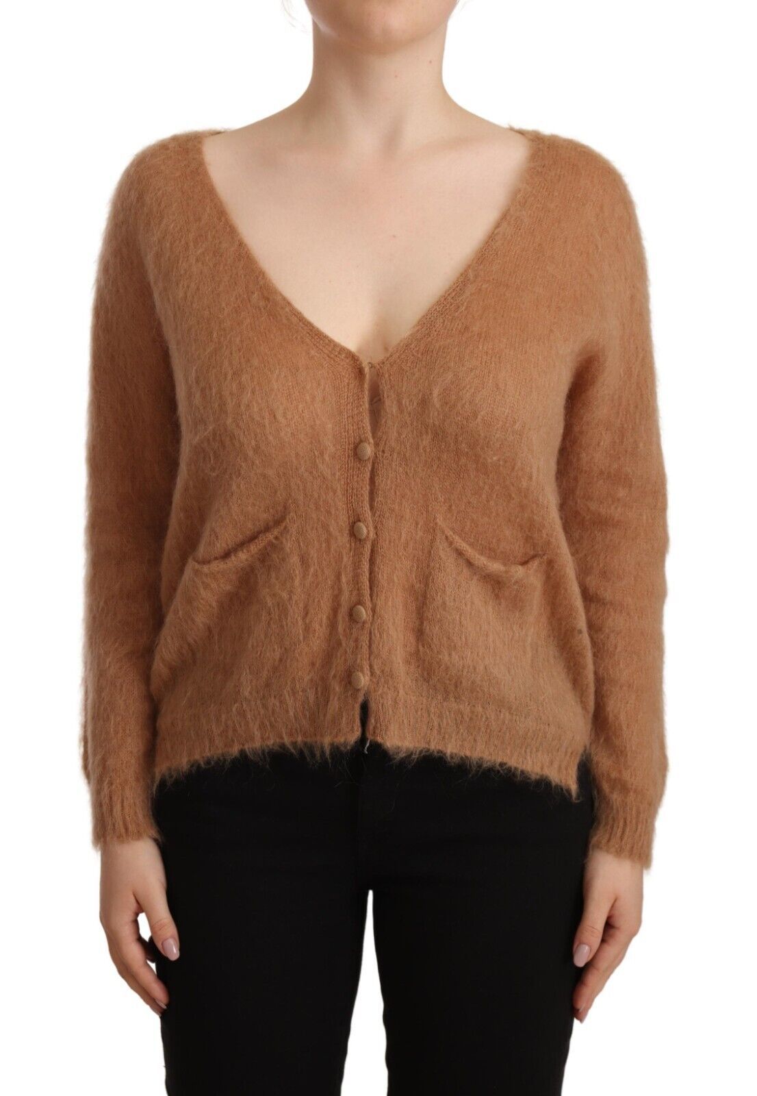 Chic Brown Knit Cardigan with Front Button Closure