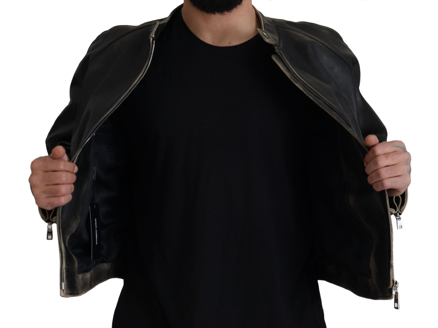 Elegant Black Leather Jacket with Silver Details