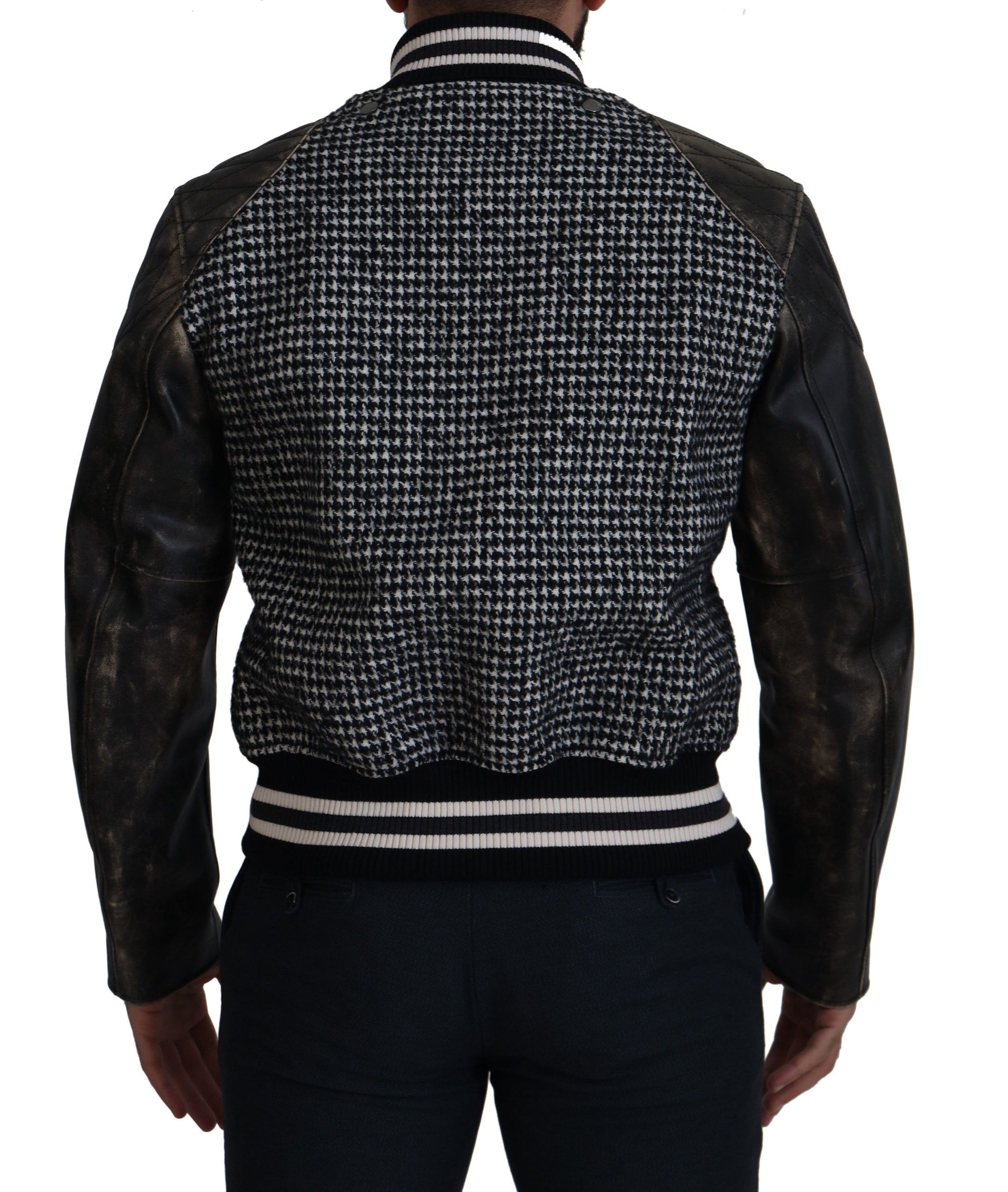 Multicolor Houndstooth Leather Bomber Jacket