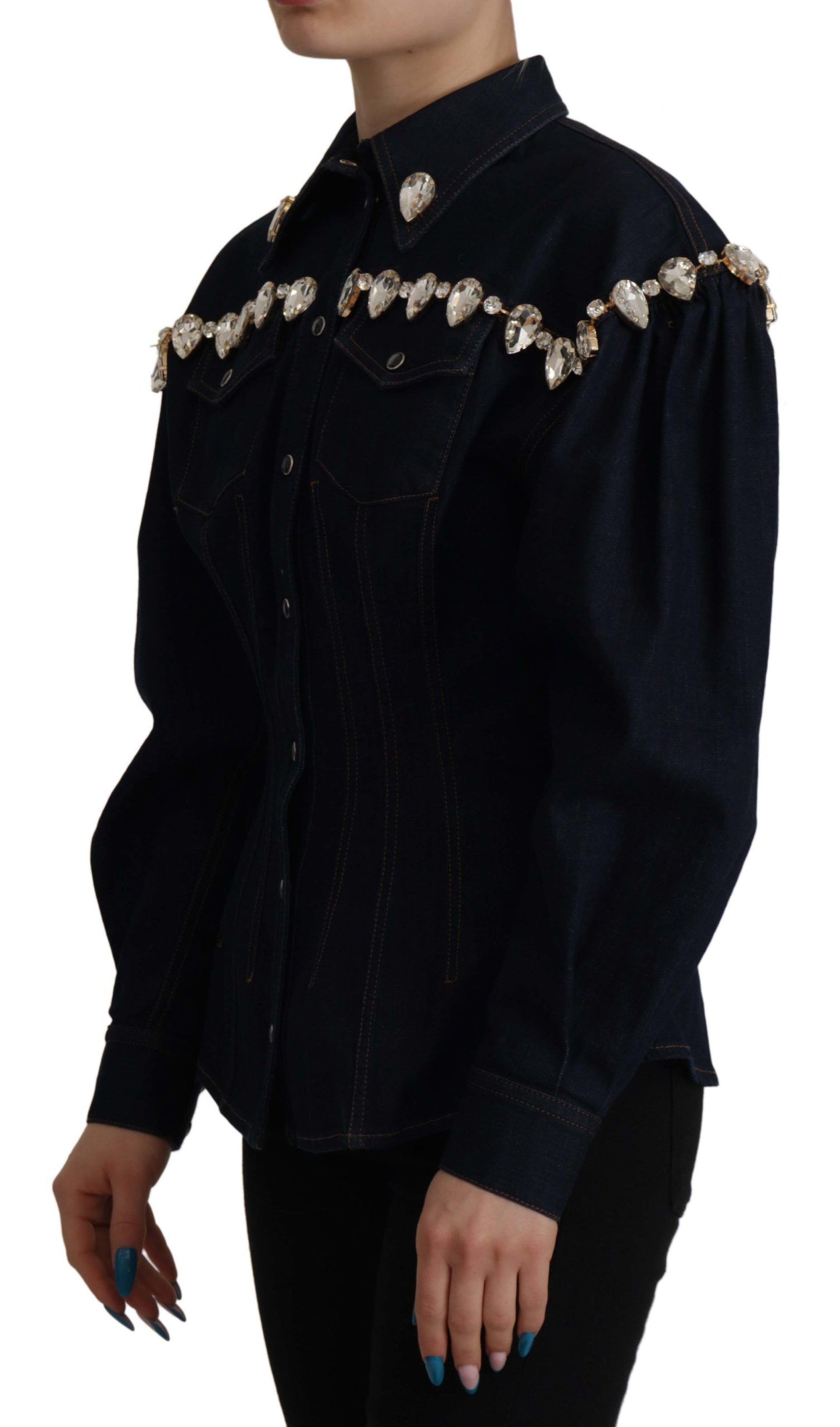 Elegant Crystal-Embellished Denim Jacket