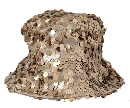 Gold Silk Sequin Embellished Designer Brim Bucket Hat