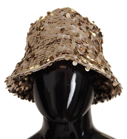 Gold Silk Sequin Embellished Designer Brim Bucket Hat