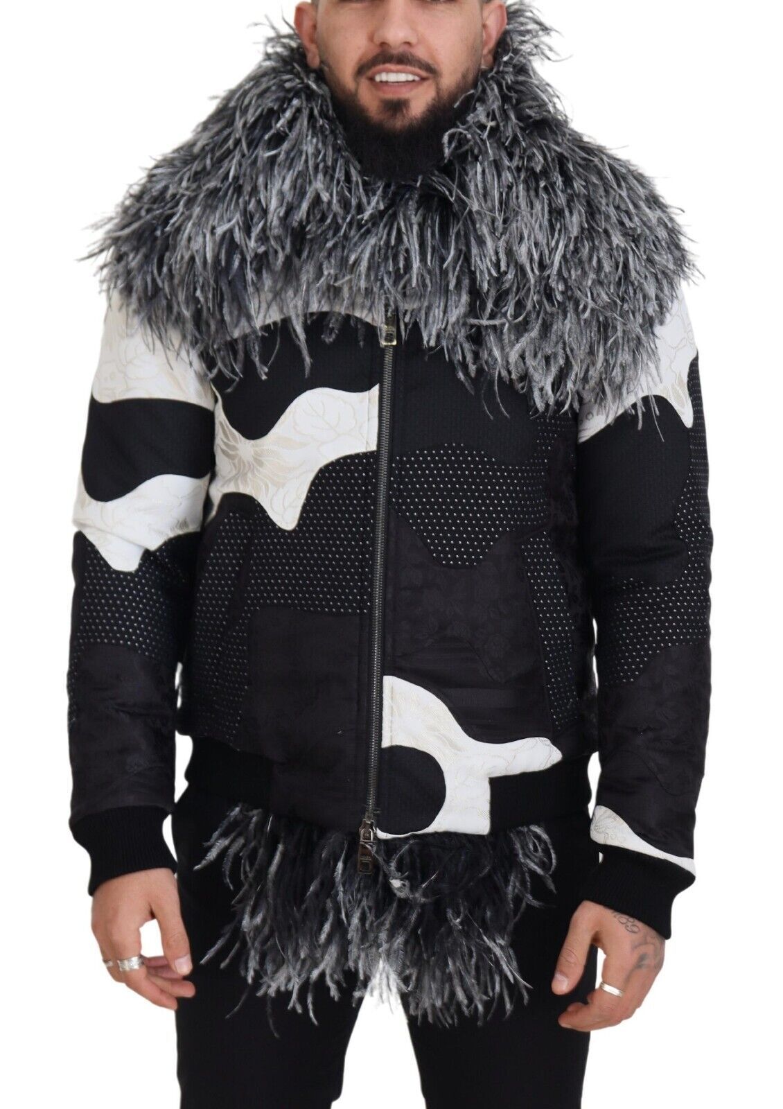 Elegant Shearling Zip Jacket in Black & White