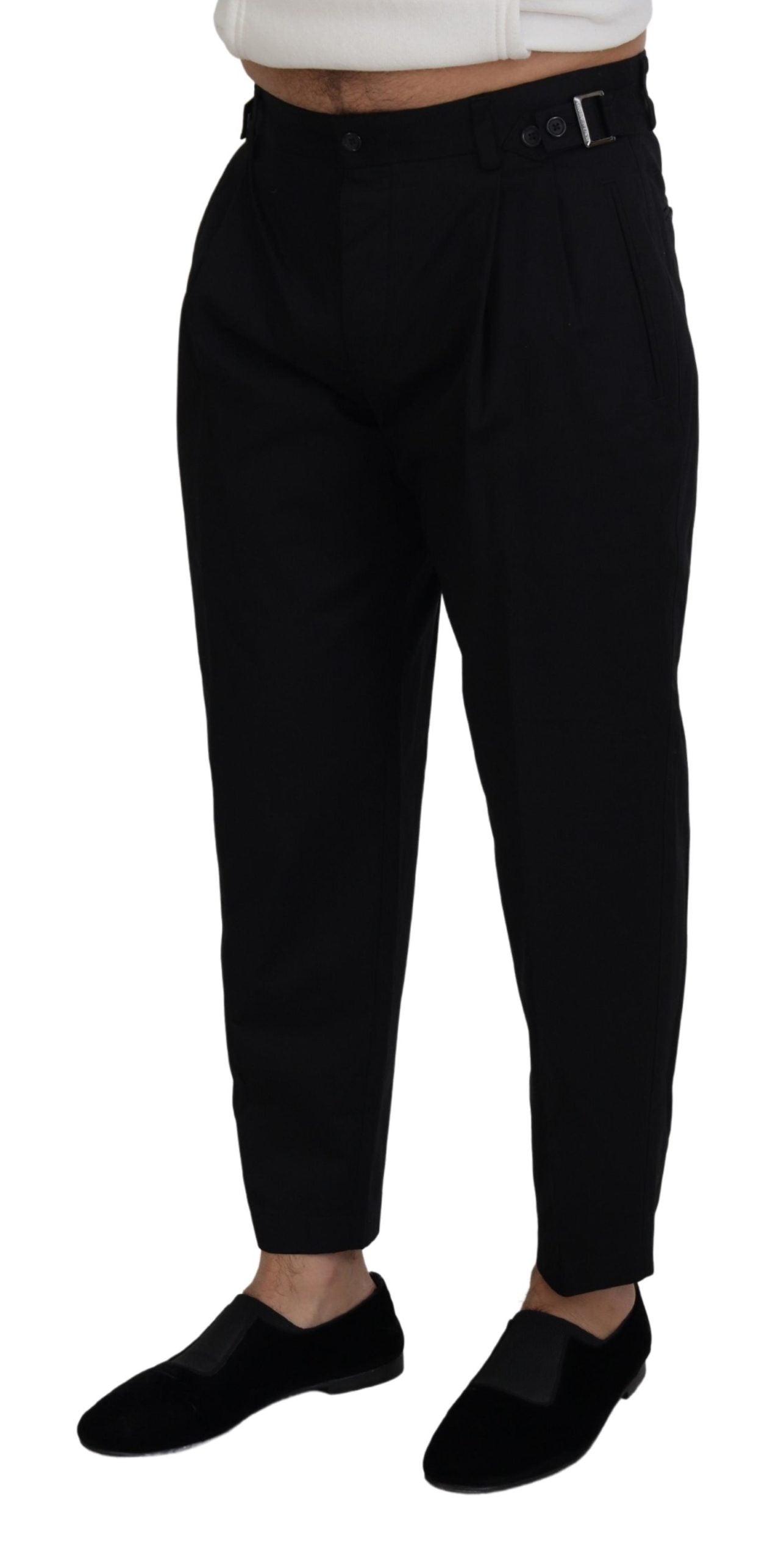 Sleek Black Italian Designer Pants with Side Buckle