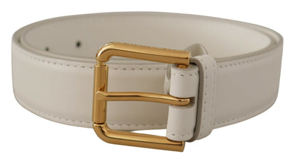 Chic White Leather Belt with Gold Engraved Buckle