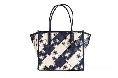 Ella Gingham Blazer Blue Oversized Woven Shoulder Tote Bag Purse