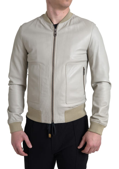 Cream Leather Bomber Jacket