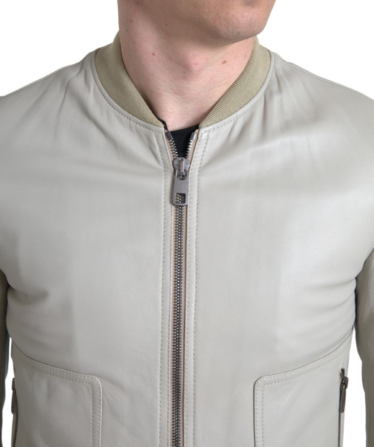 Cream Leather Bomber Jacket