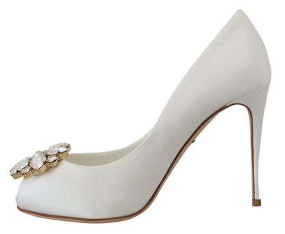 Crystal-Embellished White Peep Toe Heels