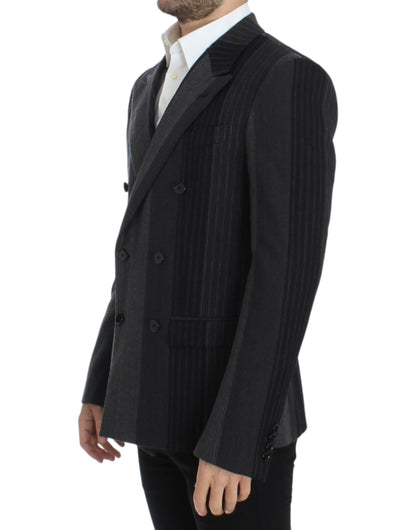 Elegant Gray Striped Wool Slim Blazer