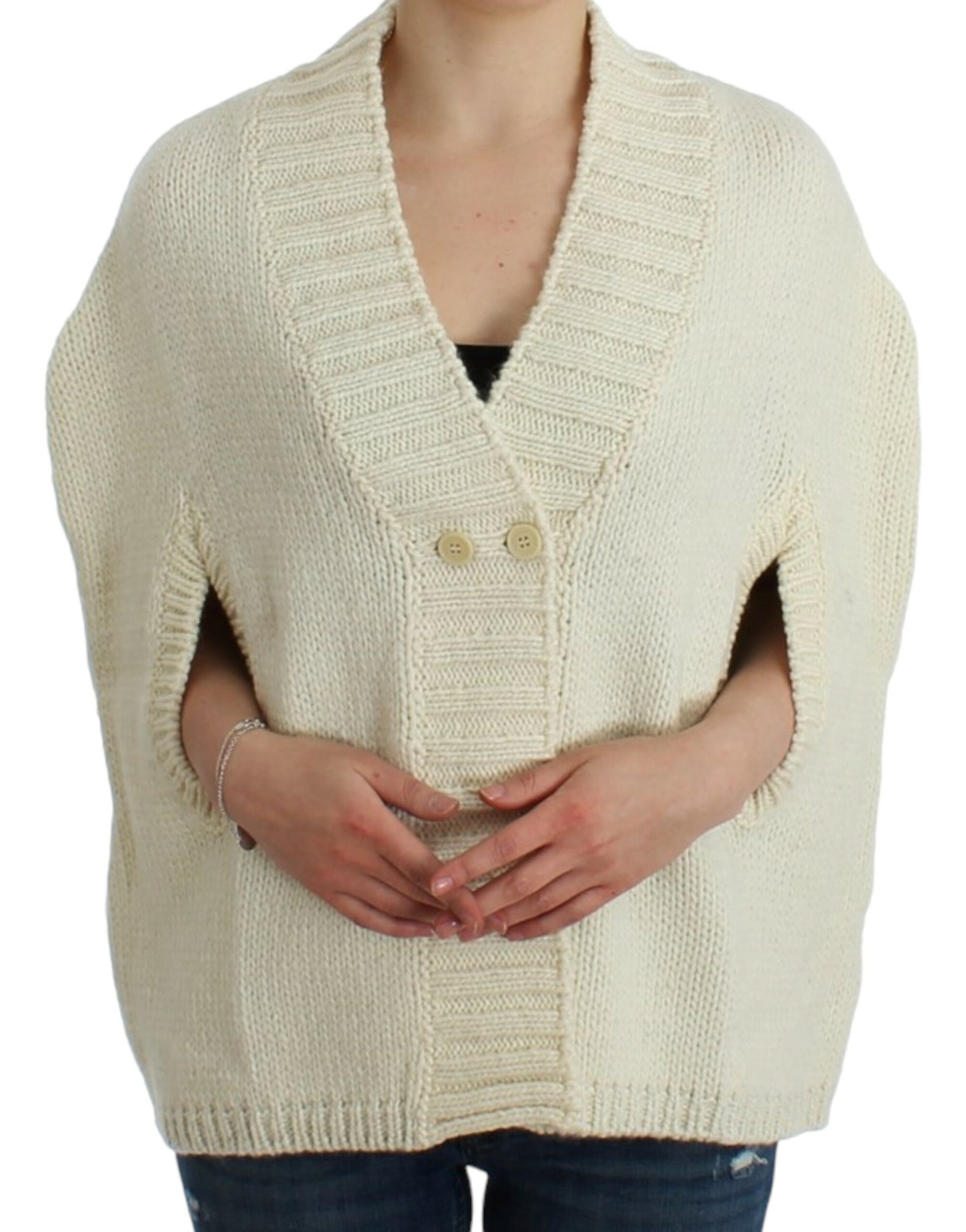 Elegant White Knitted Cape-Cardigan Hybrid