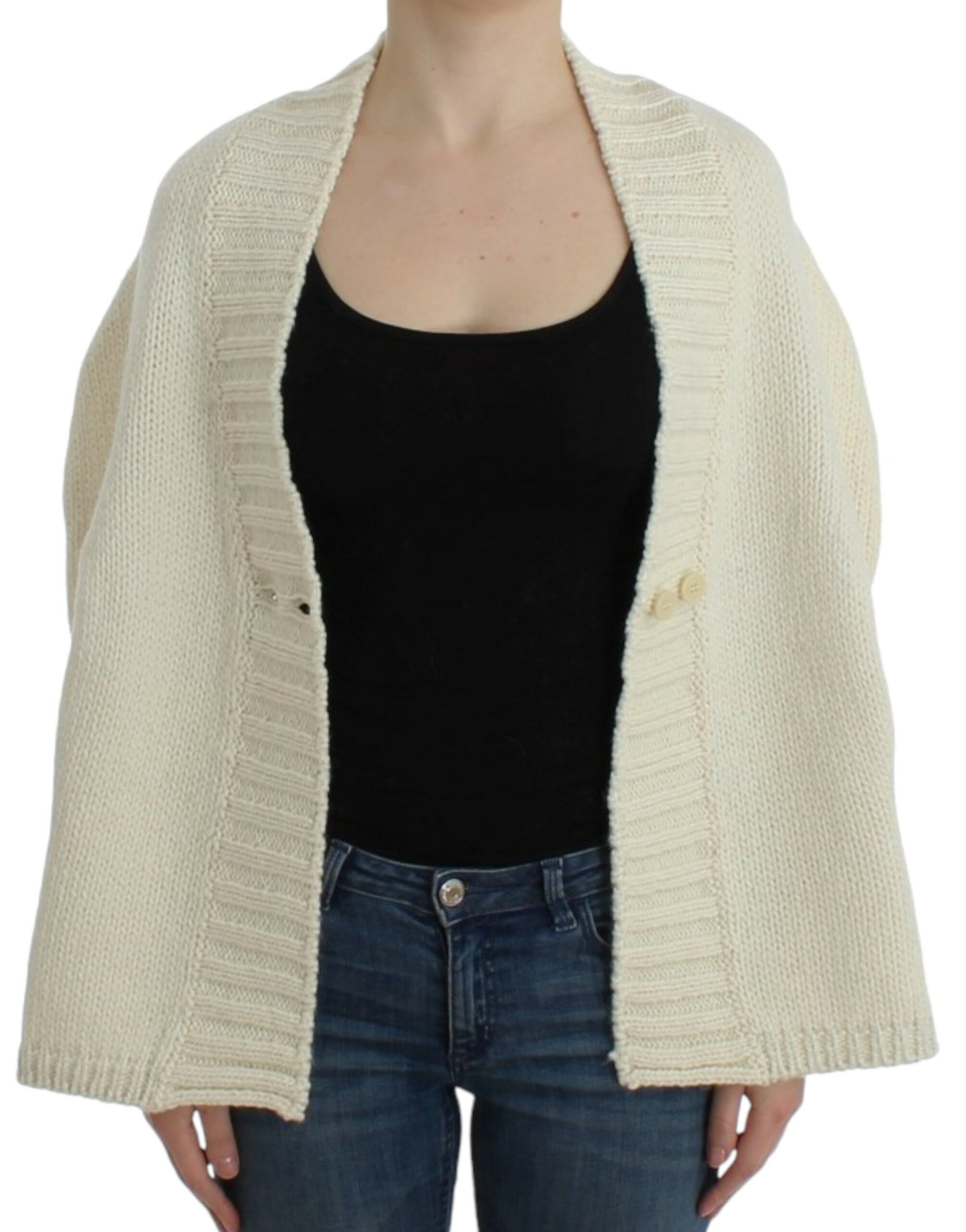 Elegant White Knitted Cape-Cardigan Hybrid