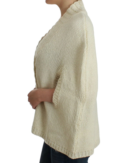 Elegant White Knitted Cape-Cardigan Hybrid