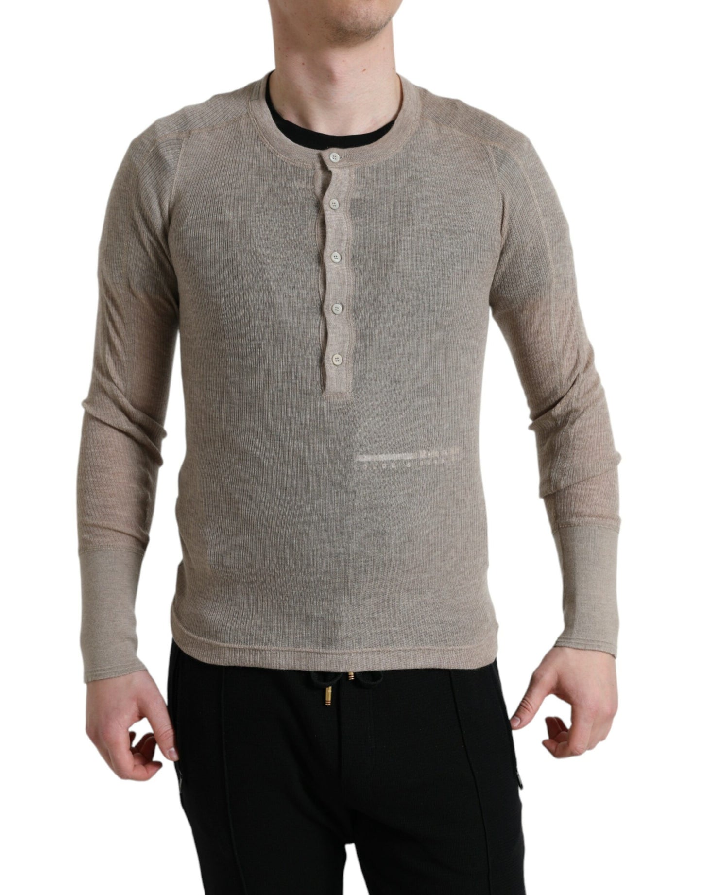 Elegant Beige Henley Cashmere Sweater