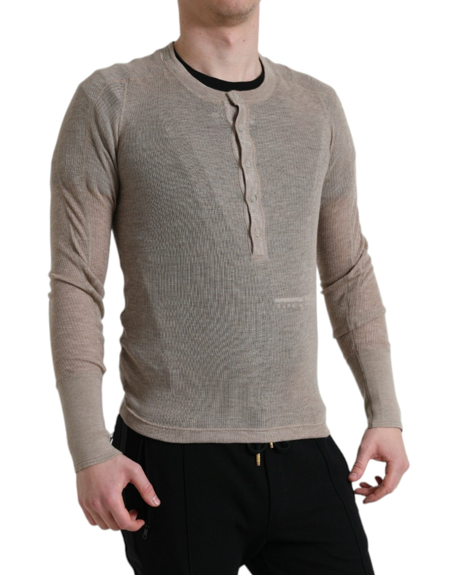 Elegant Beige Henley Cashmere Sweater