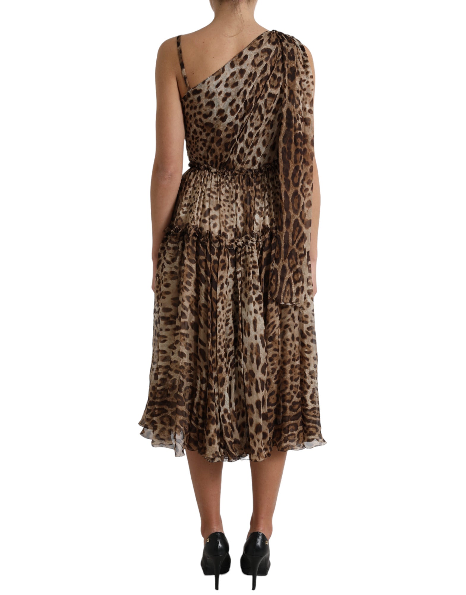 Elegant One-Shoulder Leopard Midi Dress