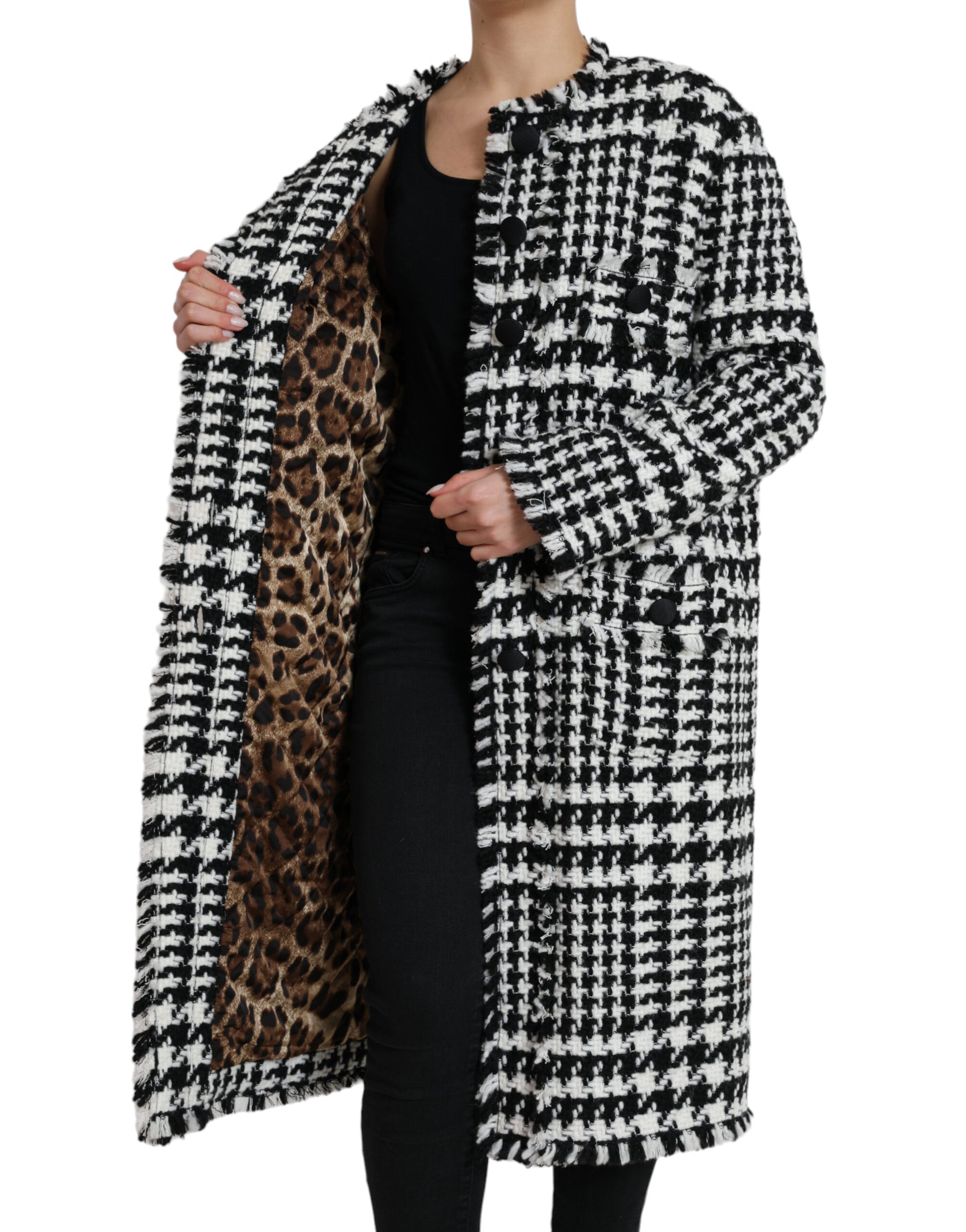 Elegant Houndstooth Long Trench Coat