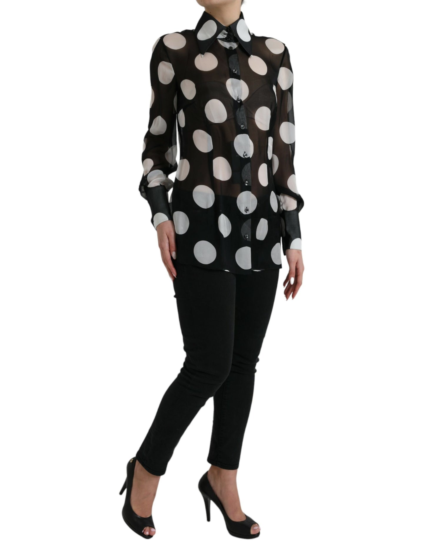 Silk Collared Button-Up Blouse in Black & White