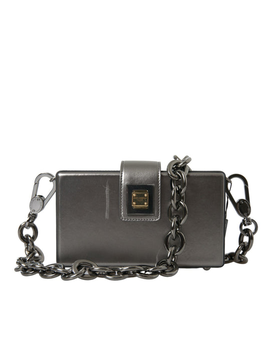 Metallic Gray Calfskin Shoulder Bag with Chain Strap