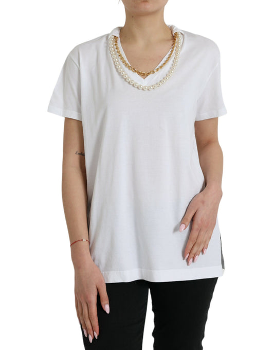 Elegant White Cotton Tee with Necklace Detail