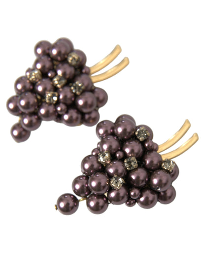 Purple Grape Pearl Sicily Gold Brass Floral Clip On Earrings