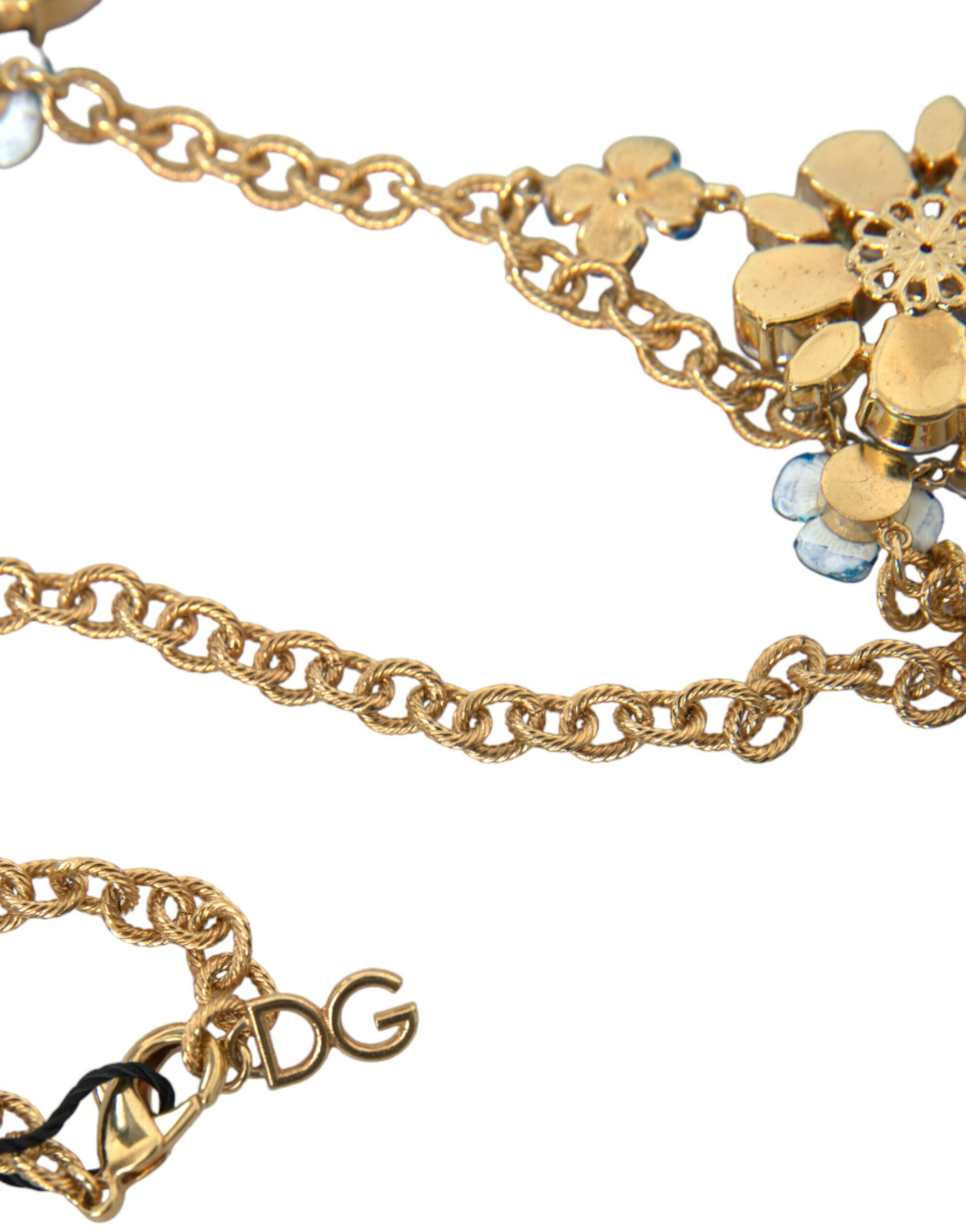 Gold Brass Chain Crystal Floral Pendant Charm Necklace