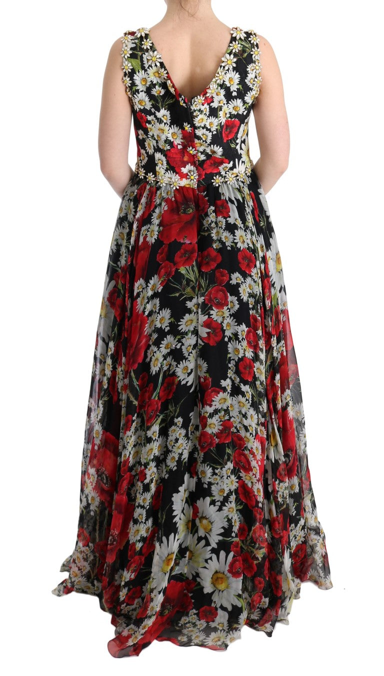 Floral Maxi Gown with Sunflower Print and Crystals