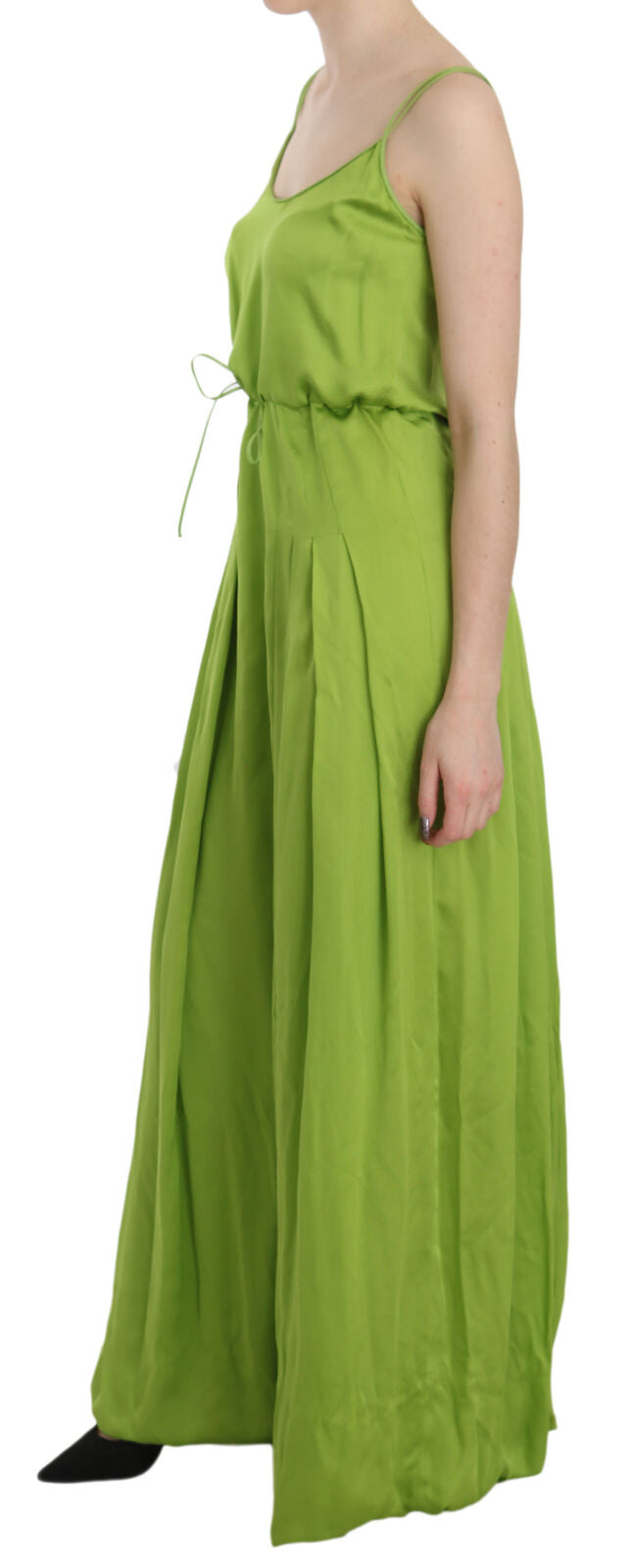 Green Spaghetti Strap Long A-line Pleated Dress