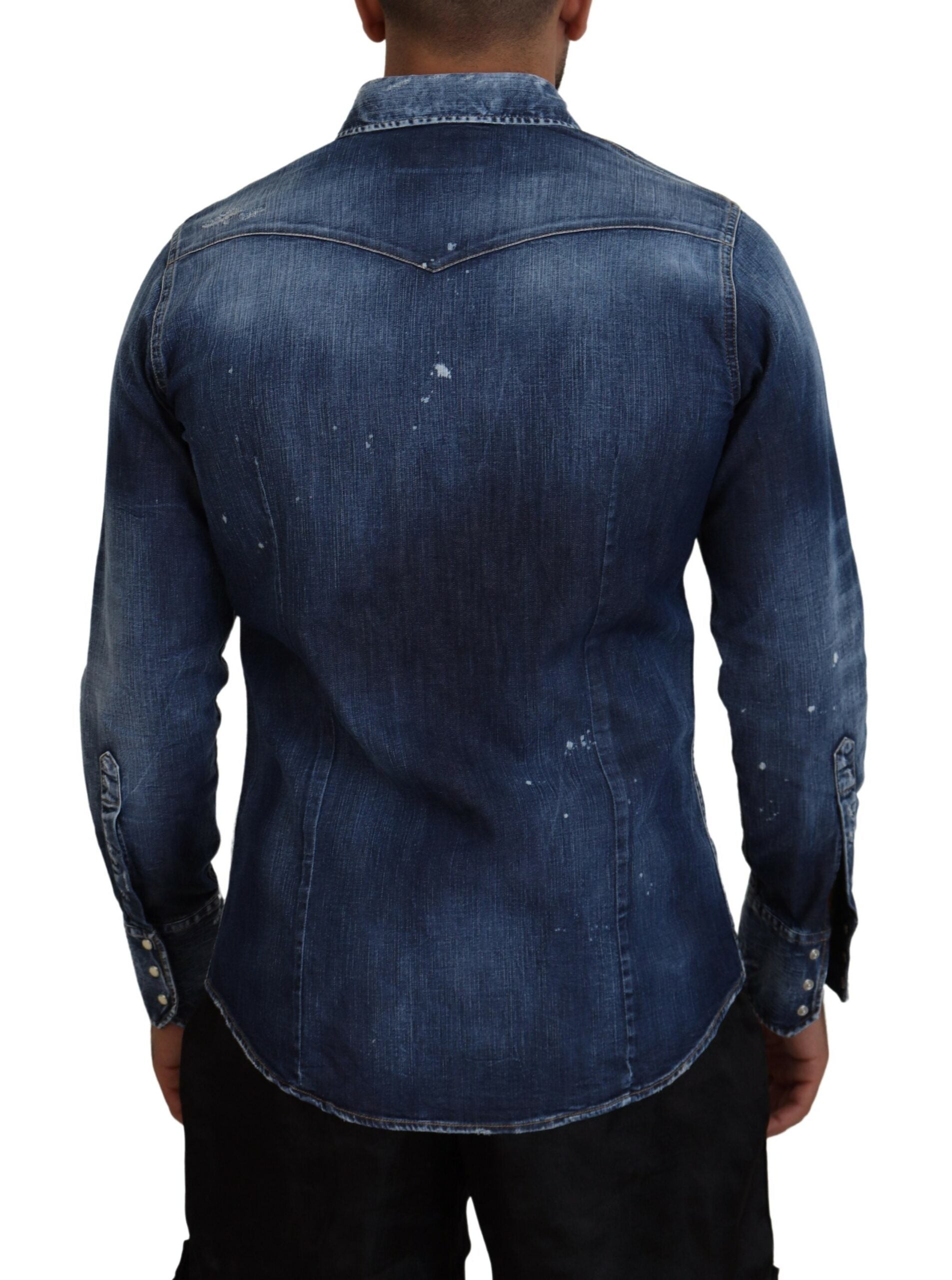 Blue Washed Goth Surfer Print Men Denim Shirt