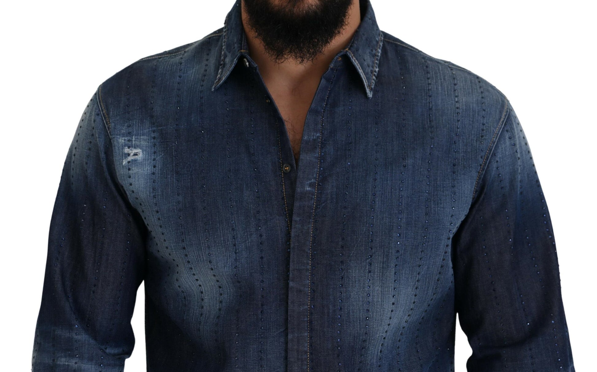 Blue Tattered Crystal Embellished Denim Shirt