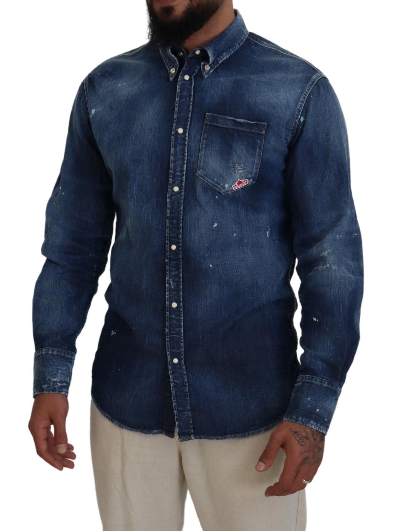 Blue Washed Collared Men Casual Long Sleeves Shirt