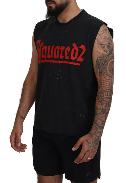 Black Cotton Sleeveless Crewneck Tank T-shirt