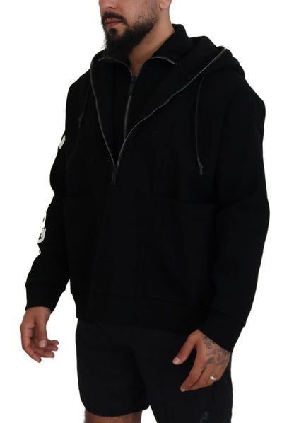 Black Hooded Printed Sleeves Double Zip Sweater