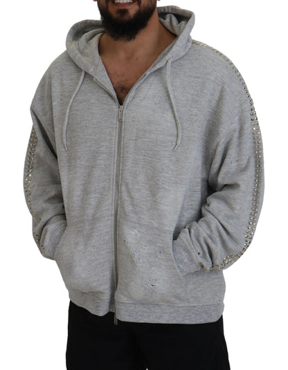 Gray Hooded Printed Crystal Embellishment Sweater