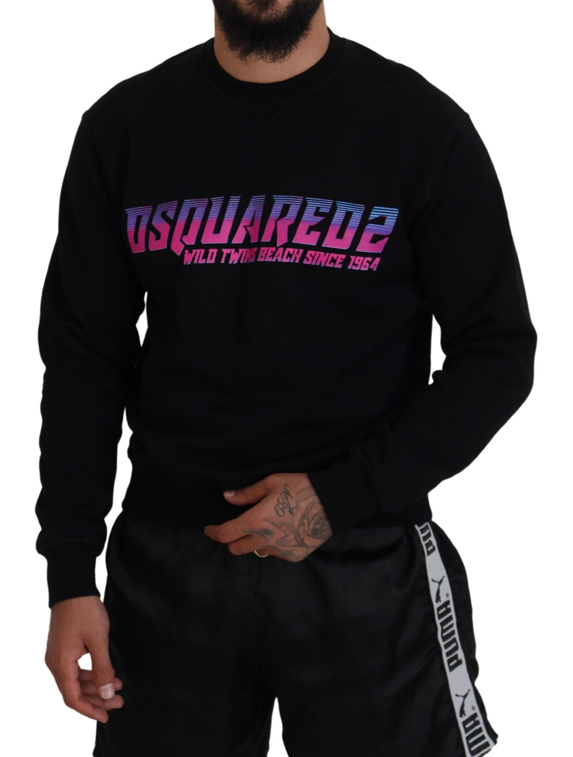 Black Logo Print Long Sleeves Men Pullover Sweater