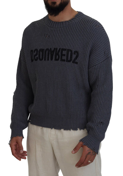 Gray Men Tattered Knitted Pullover Sweater