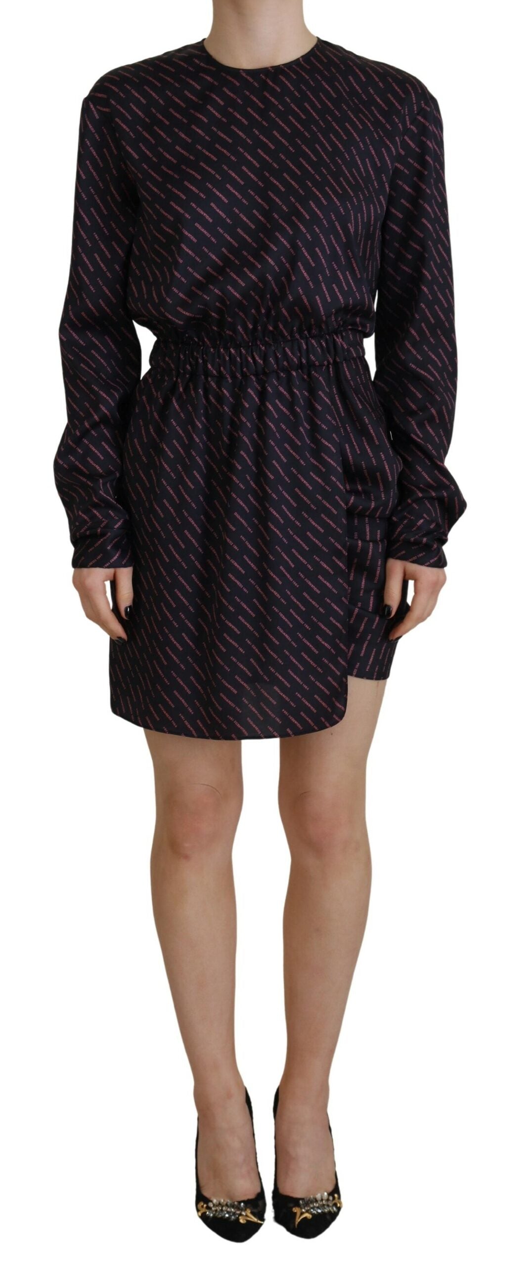 Black Logo Print Long Sleeves A-line Mini Dress