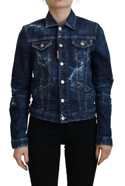 Blue Icon Printed Distressed Denim Jacket