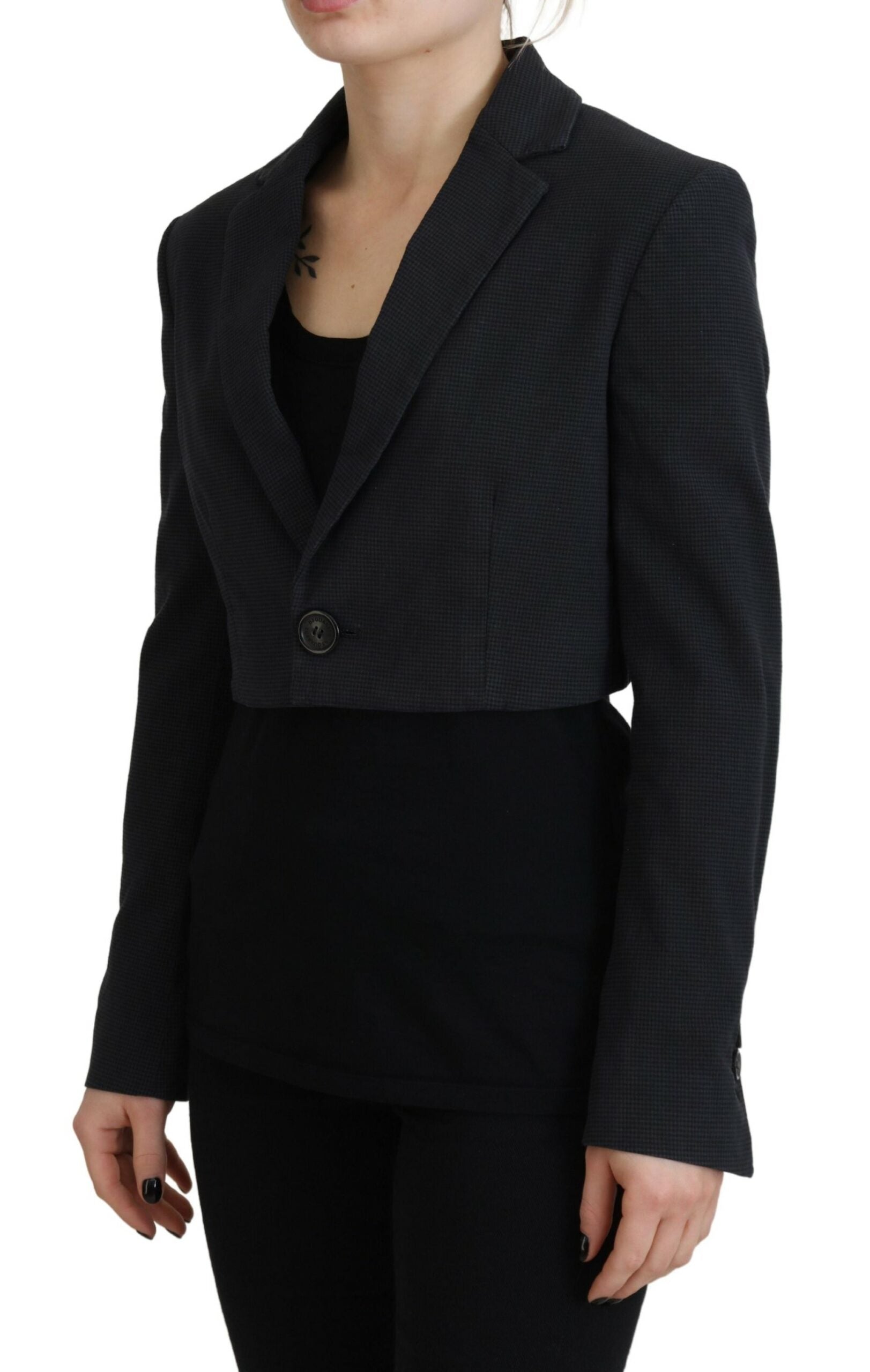 Black Cotton Cropped Button Blazer Jacket