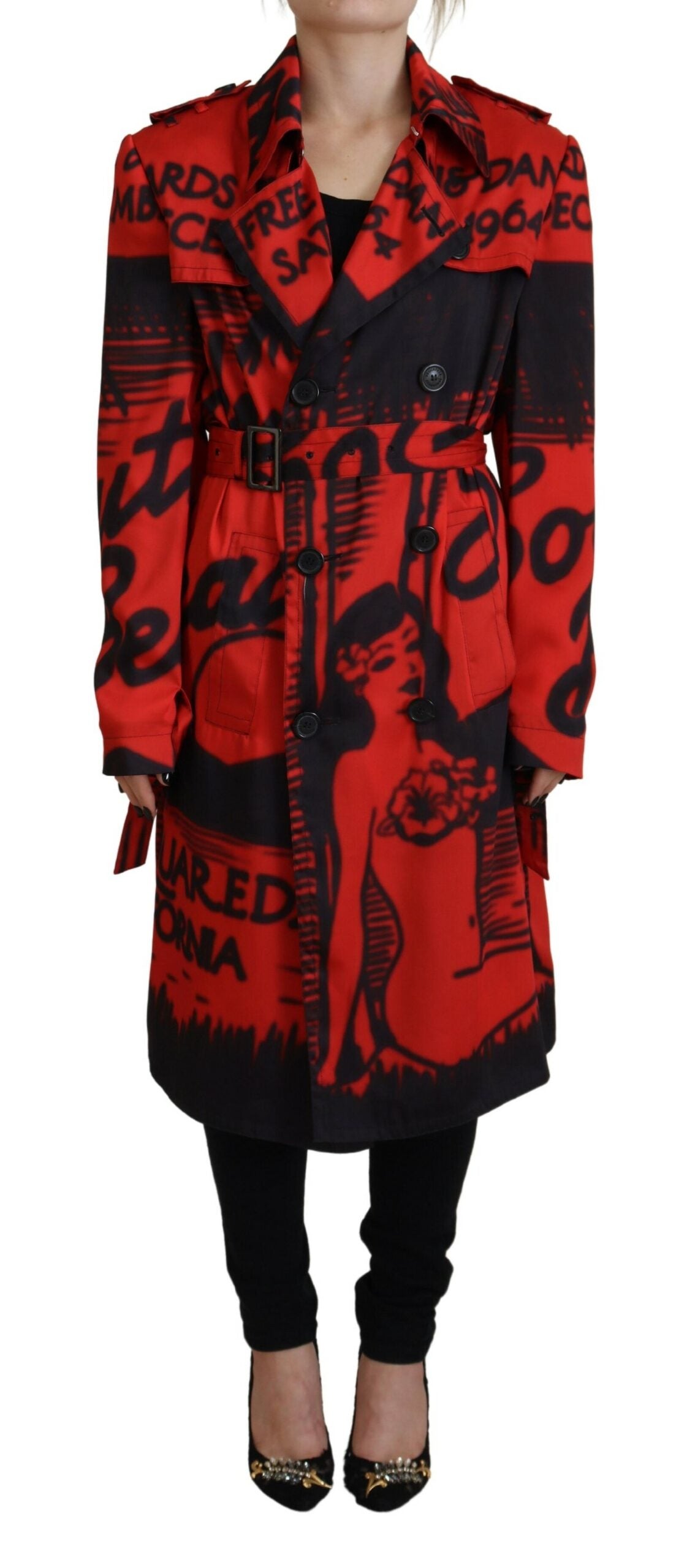 Red Printed Button Collared Desigual Coat Jacket