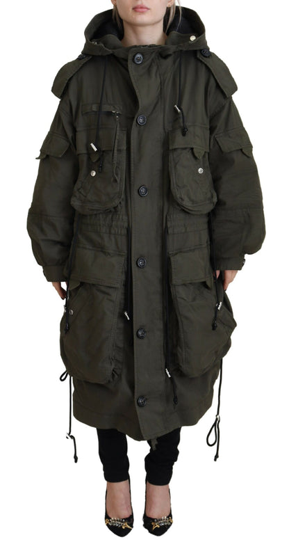 Green Hooded Full Zip Long Parka Coat Jacket